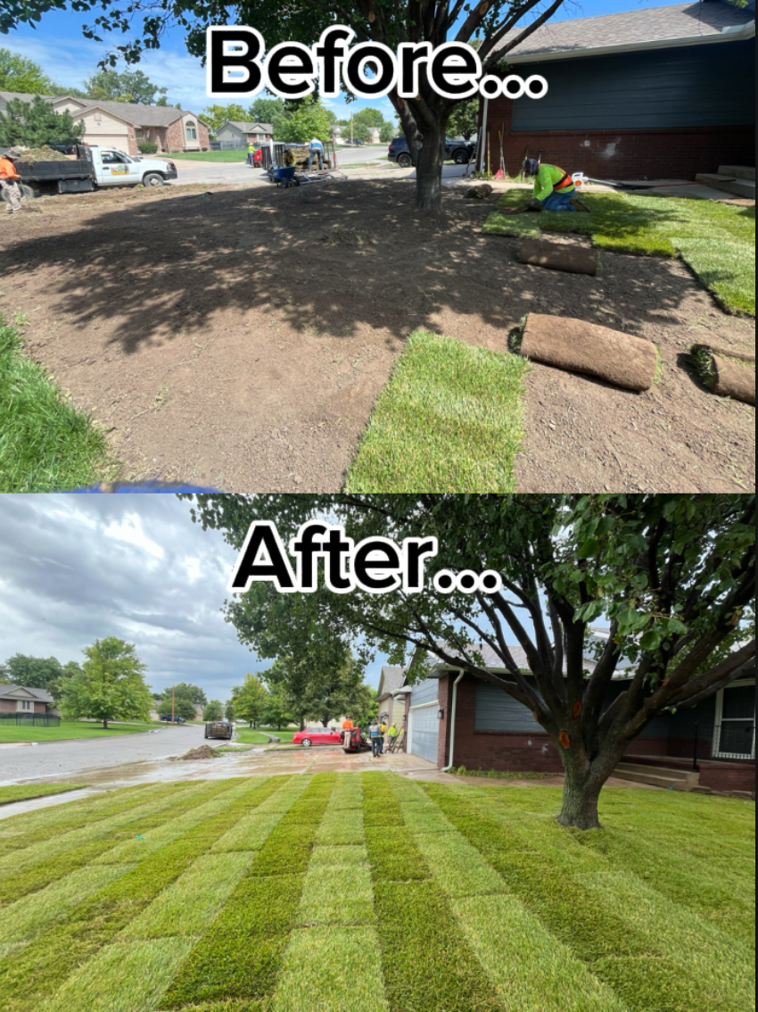 Before and after of a front yard sod installation by Jr Landscaping