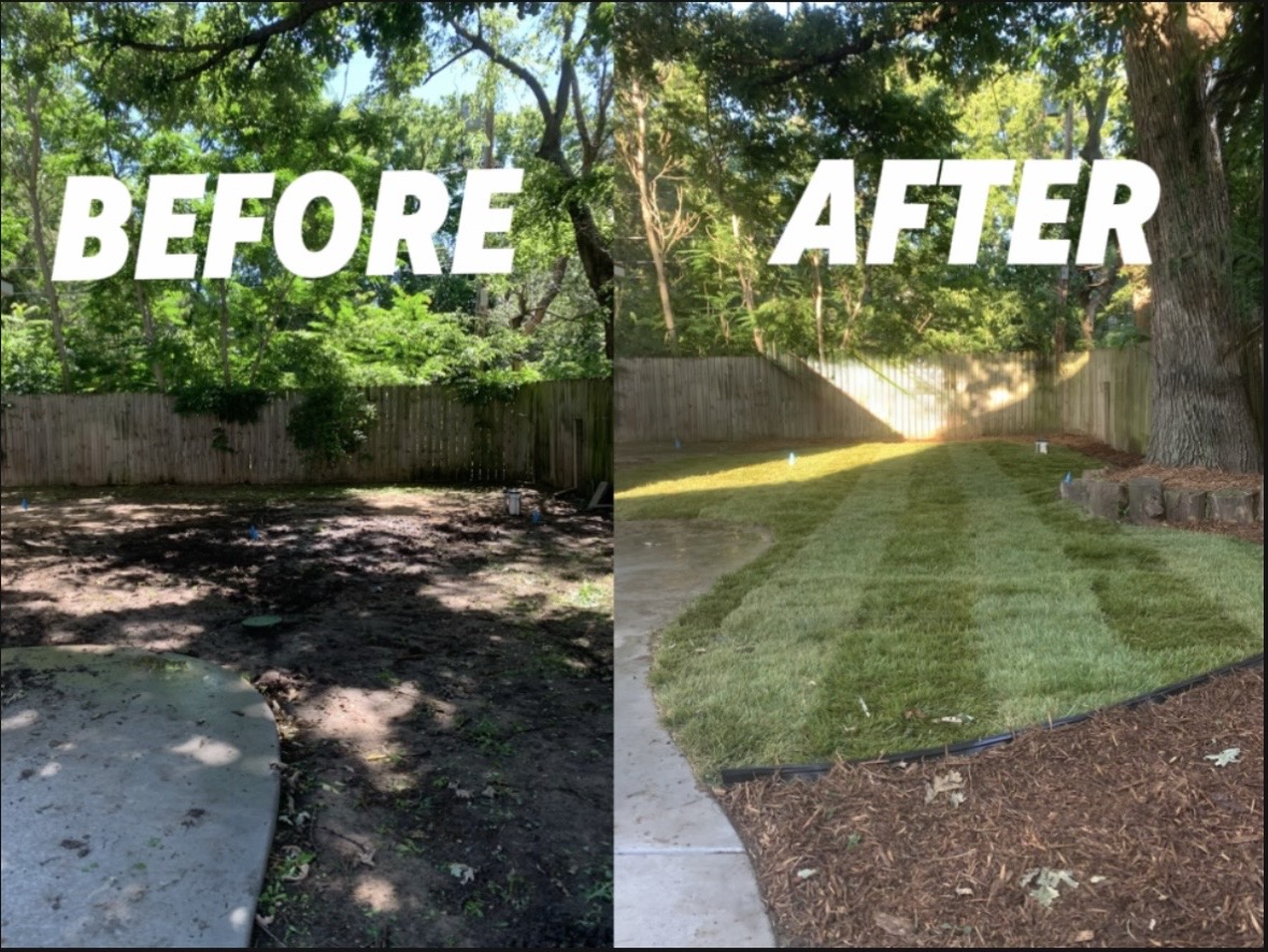 Before and after of a shaded backyard transformed with fresh sod and mulch beds