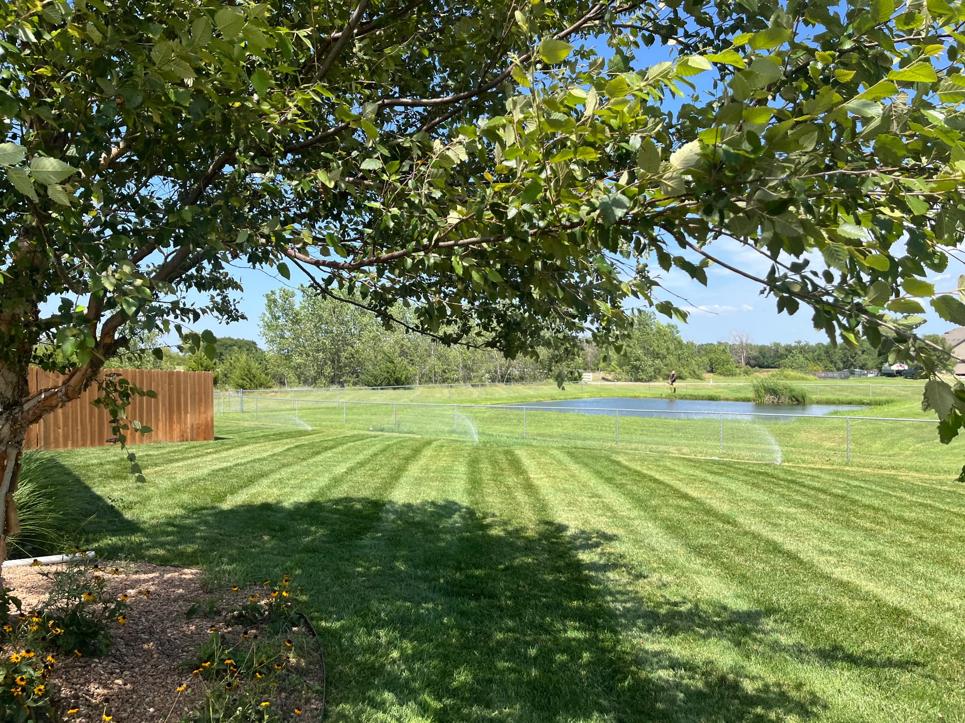 Striped lawn with running sprinklers and a tidy mulch bed cared for by Jr Landscaping